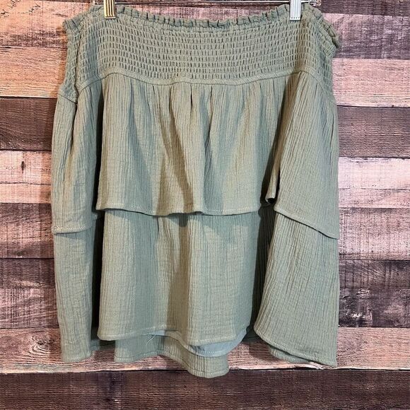 Arula Green Gauze Tiered Smocked Waist Ruffle Hem Skirt Fairycore - Picture 2 of 4